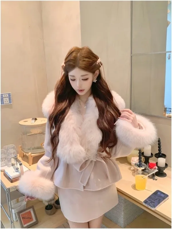 Warme wollen jas met roze bontkraag en rok met hoge taille, tweedelige set Zachte Sle Herfst Winter Faion voor dames