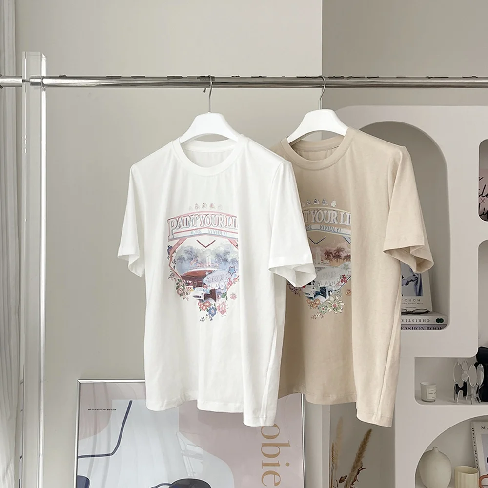 เสื้อยืดคอกลมผ้าฝ้ายแท้ สไตล์ลำลอง ใส่ได้หลากหลาย ช่วยให้ดูผอมลง เหมาะกับการเดินทาง สไตล์เกาหลี ทรงตรง