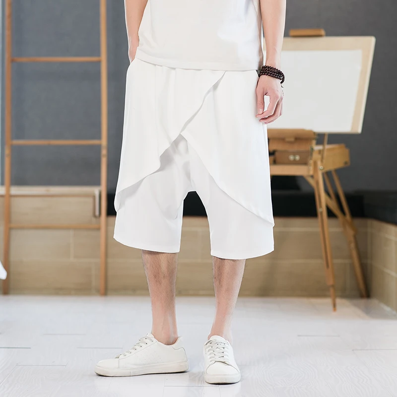 Summer Mens Baggy Shorts Layered Cross-pant Knee-length Short Pants Black White Thin Streetwear Hip Hop Oversize Casual Shorts