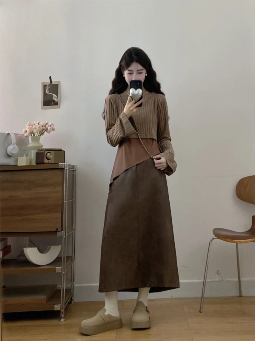 

Большие размеры, осенне-зимний вязаный свитер, комплект с юбкой, нерегулярный подол, женская футболка Faion, удобная линия S...