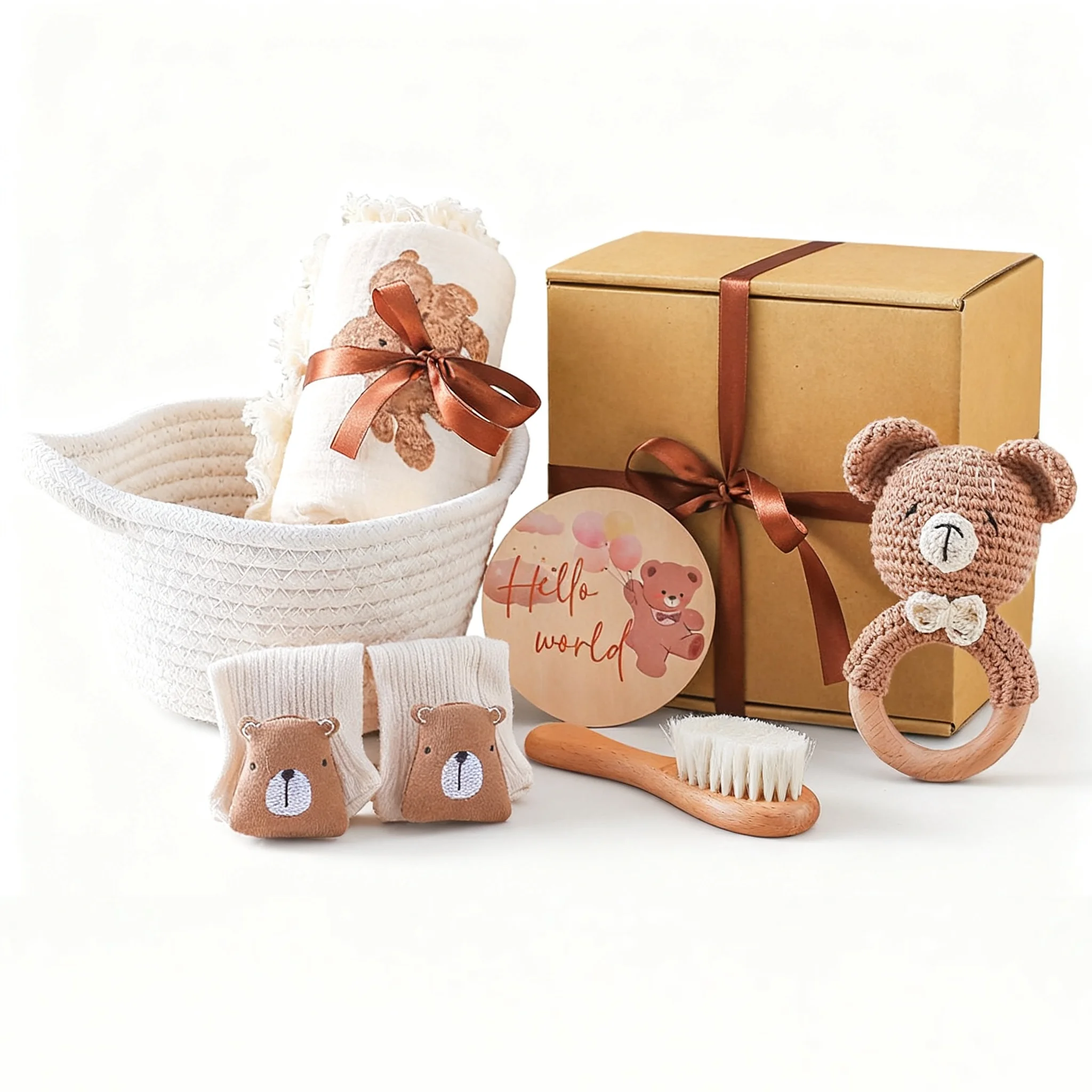 

Подарочный набор для новорожденных с карточкой Milestone, вязаными крючком игрушками и предметами первой необходимости на тему коричневого медведя — безопасный мягкий материал для детей 0-12 месяцев