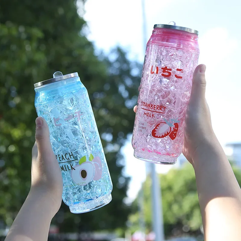 علب ثلج لثلاجة الكولا، كوب بلاستيكي قابل لإعادة الاستخدام، طبقة مزدوجة كزجاجة مياه للشاي والقهوة البلاستيكية مع القش