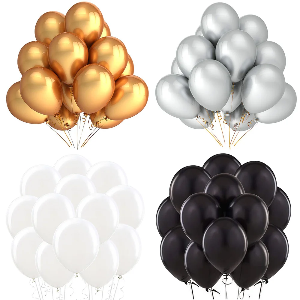 30pcs Latex Balloons 5/12 Inch Black White Ballon Gold Metallic Chrome Silver Metalic Balloon Wedding Anniversary Birthday Party