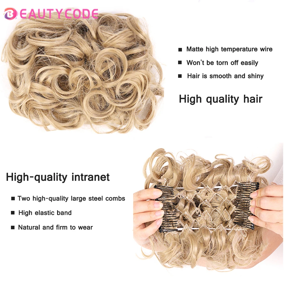 BEAUTYCODE-Extensões sintéticas do cabelo encaracolado para mulheres, grandes grampos do pente, tampa do Updo, coque de cabelo falso, peruca