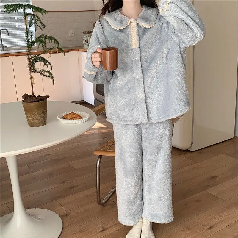 Lace Women Pajamas Set Winter Fleece Sweet Turn-down Collar Long Sleeve Tops+Pants Home Set Casual Button Cardigan Sleepwear