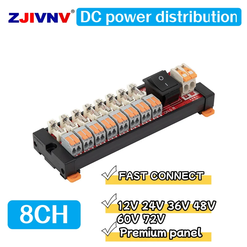 DC power distribution 8ch din rail mounted fast connect block electricity current wiring  5v 12v 24v 36v 48v 60v 72v can use