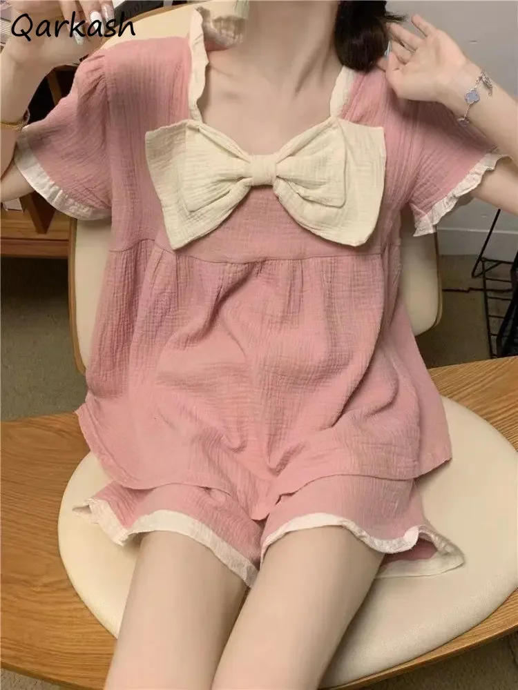 

Пижамные комплекты женские Kawaii летние с бантом в стиле пэчворк нежные мешковатые в японском стиле домашние повседневные универсальные ночные рубашки принцессы для колледжа шикарные