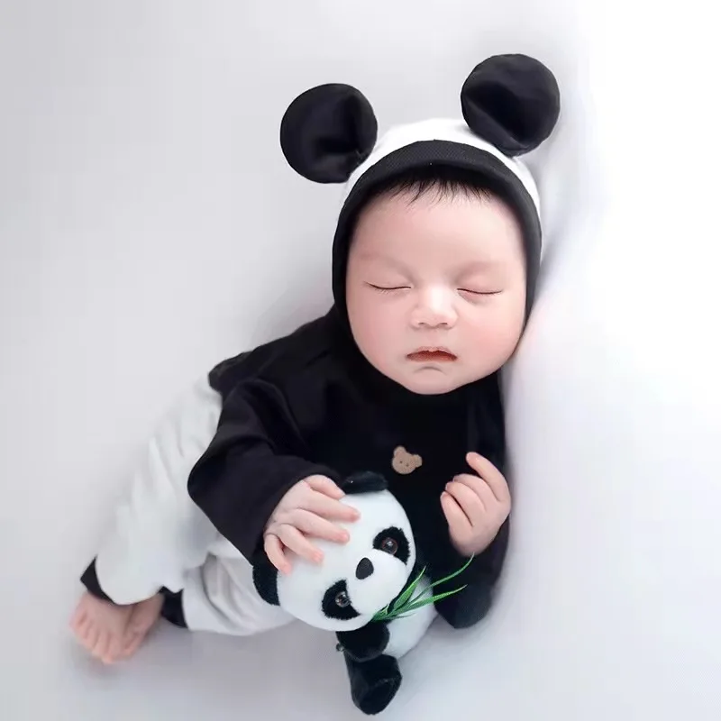 Sunshine Pasgeboren Fotografie Props Babykleding Panda Thema Breien Jumpsuits En Pop Hoed Pakken Schattige Dieren Foto Kleding