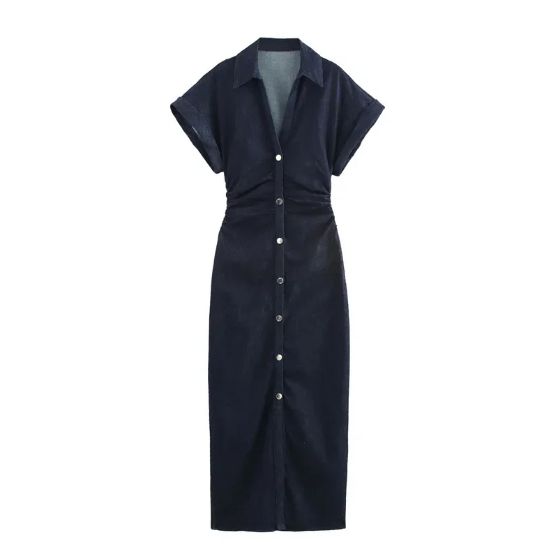 

2025 New Summer Women's Dresses Short Sleeve Lapel Midi Dress Pleated Design Slim Personality Stylish Commuting Elegance