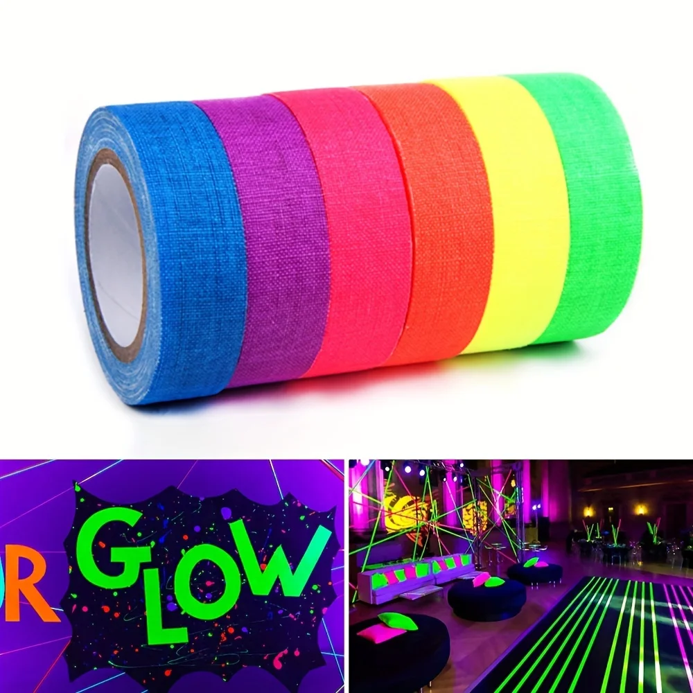 Fluorescent Cotton Tape 6 Colours, UV Blacklight Reactive, Neon Coloured For Party Decoration, Halloween, Crafts