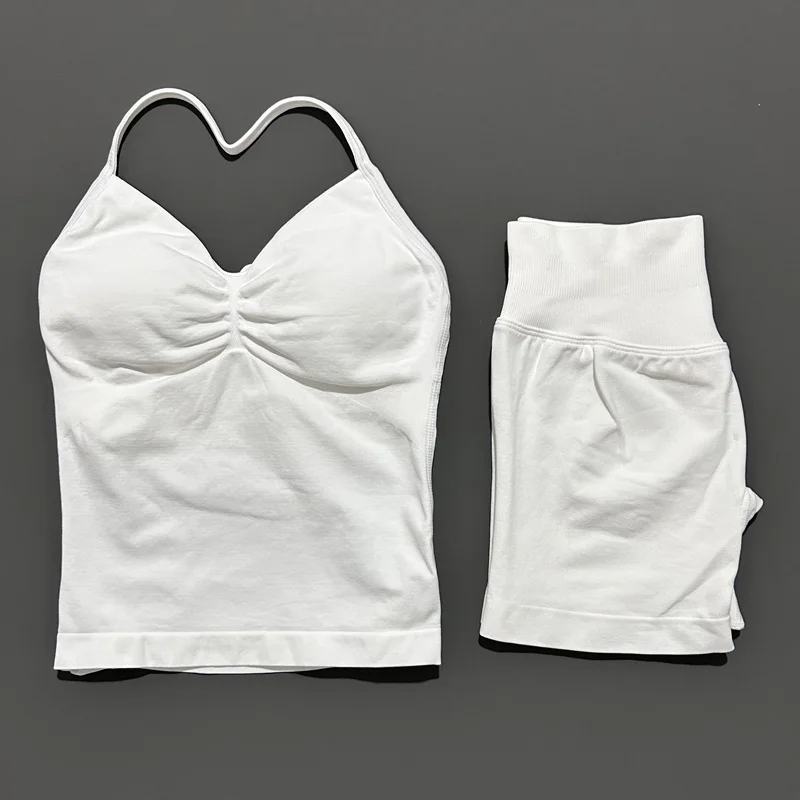 HITELLO Gym-Shorts-Set für Damen, nahtlos, Yoga, Longline-Top mit Trägern, Scrunch-Butt-Workout-Shorts-Set, Fitness, zweiteiliger Sportanzug – Detail 24