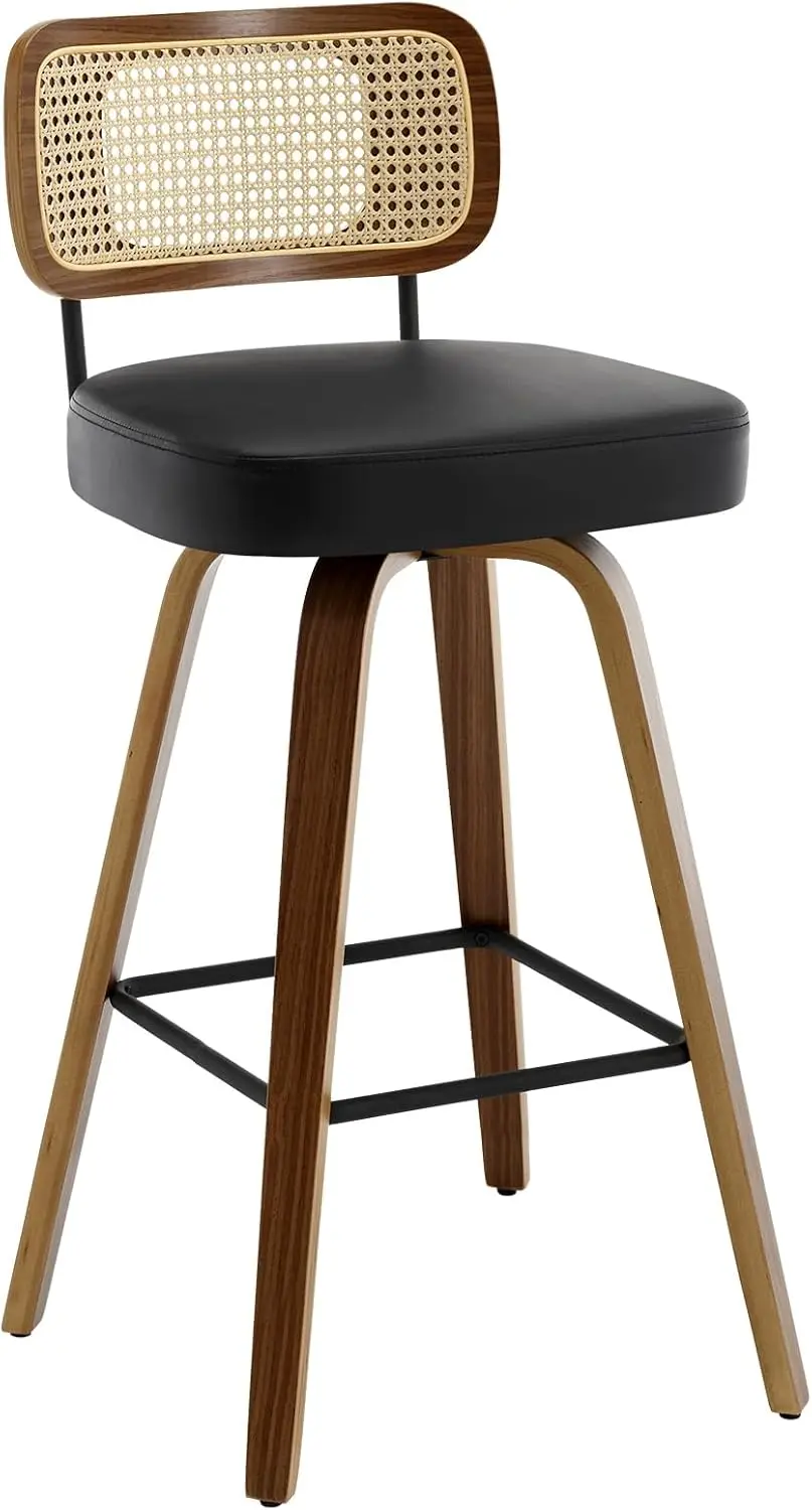 Swivel Bar Stools, Upholstered Faux Leather Barstools With Rattan Back, Bentwood Wood Frame, 29"" Seat Height Bar Chairs For