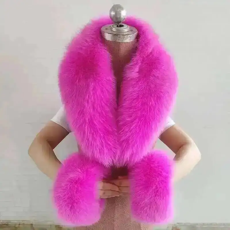 Women Winter 100% Natural Fox Fur Scarf And Cuff Set Jacket Collar Neck Warm Luxury Furry Scarves Warmers Fluffy Long Shawl