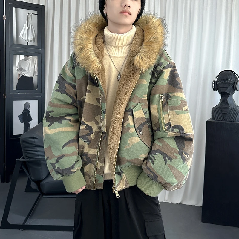 FEWQ Double Sided Hooded Men's Cotton Jacket Thickened Velvet Fur Collar Camouflage Coat 2024 Korea Winter Fashion 24E5722