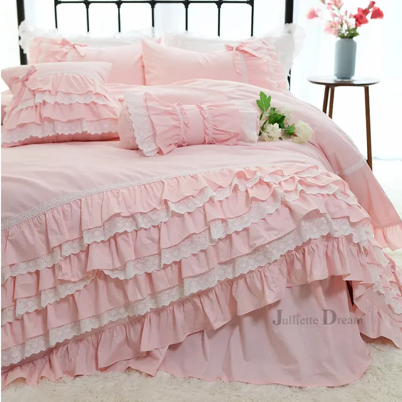 Romantic Ruffle Luxury Duvet Cover Rose Print Bedding King Duvet Cover Lace Bed Set Princess Cotton Quilt Cover Duvet Set Queen