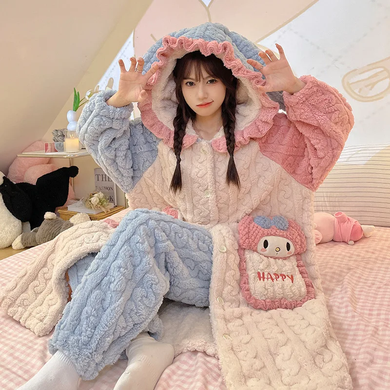 Kawaii Sanrios Hellokittys Kuromi Mymelody Cinnamoroll Plush Pajamas Cartoon Winter Thickening Girl Birthday Gift For Girlfriend