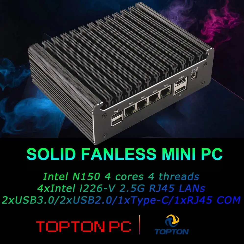 Slim Intel N150 4*2.5G LAN+RJ45 COM Console 1xM.2 2280 SSD+2.5'' SATA3.0 SSD Fanless Network Security Gateway Industrial Mini PC