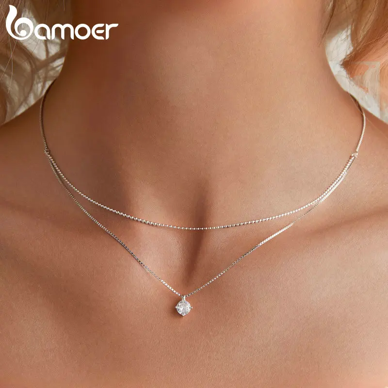 Bamoer 925 Sterling Silver Shining Zircon Pendant Necklace Double Layer Neck Chain for Women Engagement Wedding Fine Jewelry