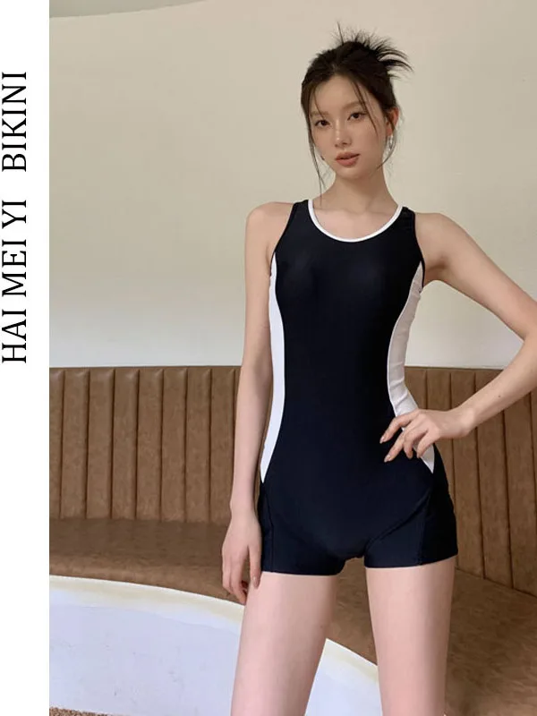 Conservative Style One-Piece Swimsuit for Women Student Thermal Spring Professional Swimming Suit Slimming Belly Covering Sporty