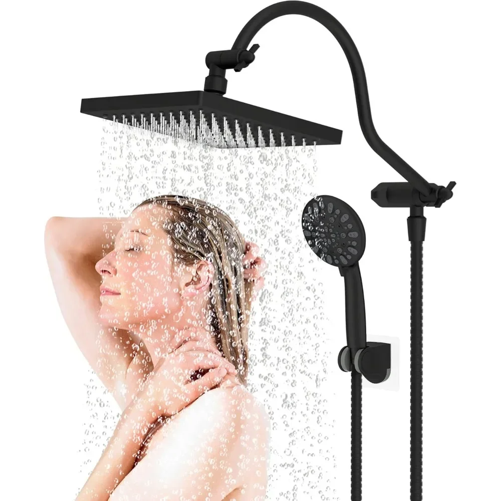 8 Inch High Pressure Rainfall Shower Head/Handheld Showerhead Combo with 12 Inch Adjustable Curved Shower Extension Arm,7-Spray