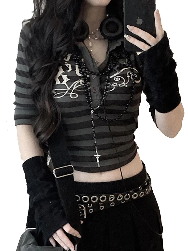 

European and American 2025 new spring/summer top women's Y2K spicy girl print t-shirt slim fit striped short sleeved shirt