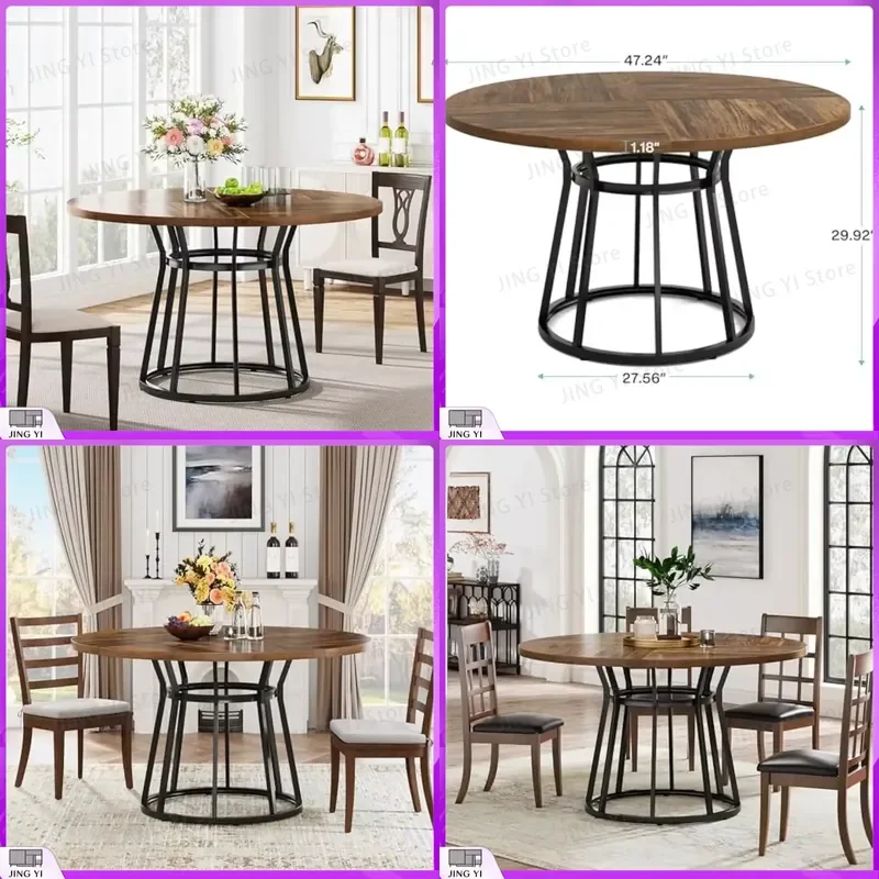 Round Dining Table for 4 People with Metal Base Kitchen Dinner Table Modern Minimalist Design Adjustable Height Solid Wood