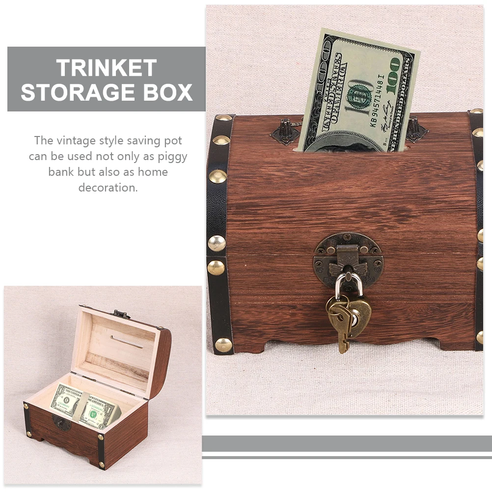 

2 Pcs Wooden Coin Bank Vintage Piggy Boxes Large Memory Storage Retro Jewelry Case Wooden Keepsake Box Trinket Storage