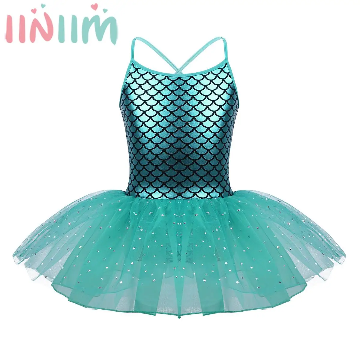 Girls Summer Sleeveless Ballet Dance Dress Glitter Mermaid Mesh Tutu Gymnastics Leotard Dancewear for Performance Daily Wear