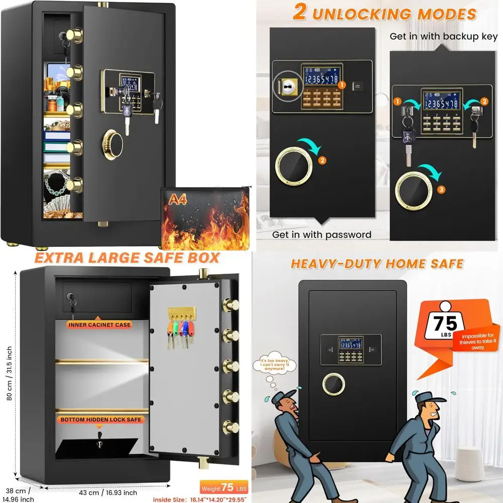 

«8,5 кубических футов, сверхмощный огнестойкий домашний сейф с водонепроницаемыми функциями, цифровым замком и скрытым нижним отделением».