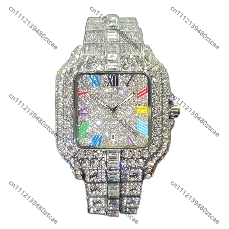 New Luxury Iced Out Square Watch Men Colorful Number Diamond Hip Hop Bling Quartz Wristwatch for Party