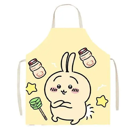 Chiikawa Cartoon Cotton Linen Apron Cute Usagi Hachiware Print Kitchen Cooking Apron Adjustable Strap Art Smock For Women Kids