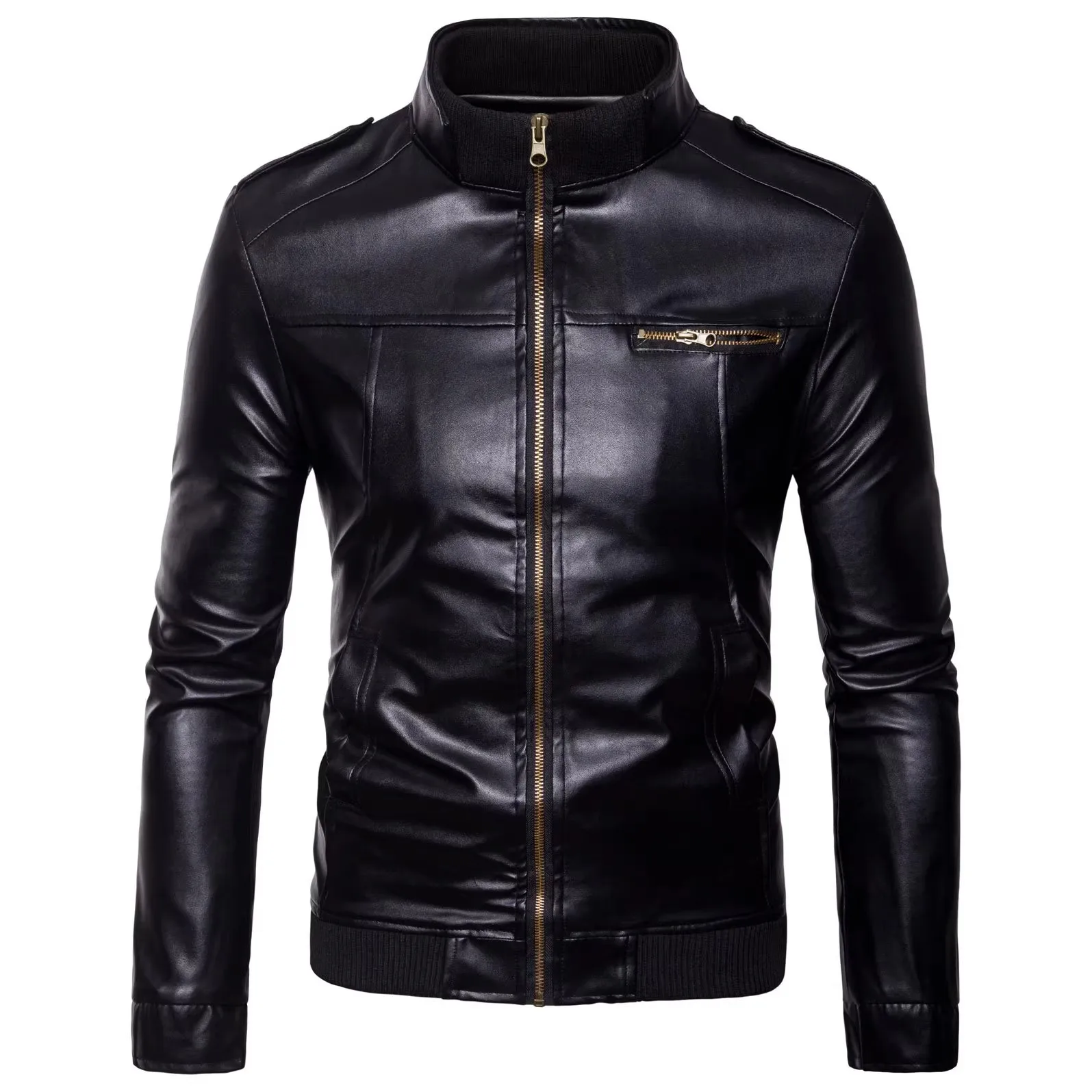 Spring Autumn Men's PU Leather Jacket Solid Fashion Slim Fit Stand Collar Motorcycles Outerwear Men Moto Biker Leather Coats Man