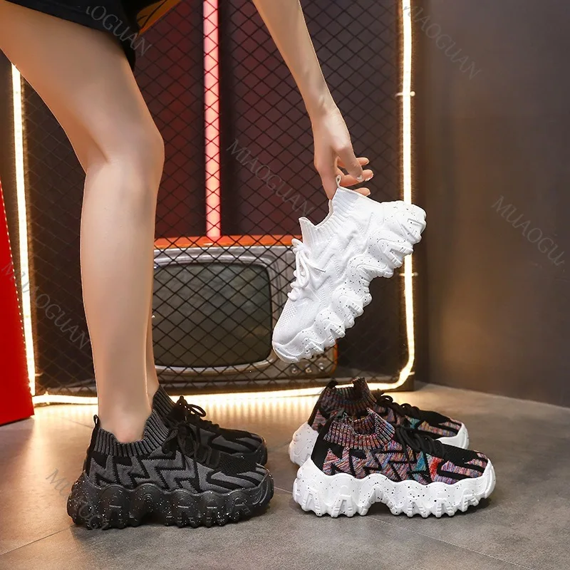 Women Chunky Sneakers Breathable Knitting Thick Bottom Anti-slip Slip-on Loafers Comfort Running Sports Shoes Ladies Footwears view 2