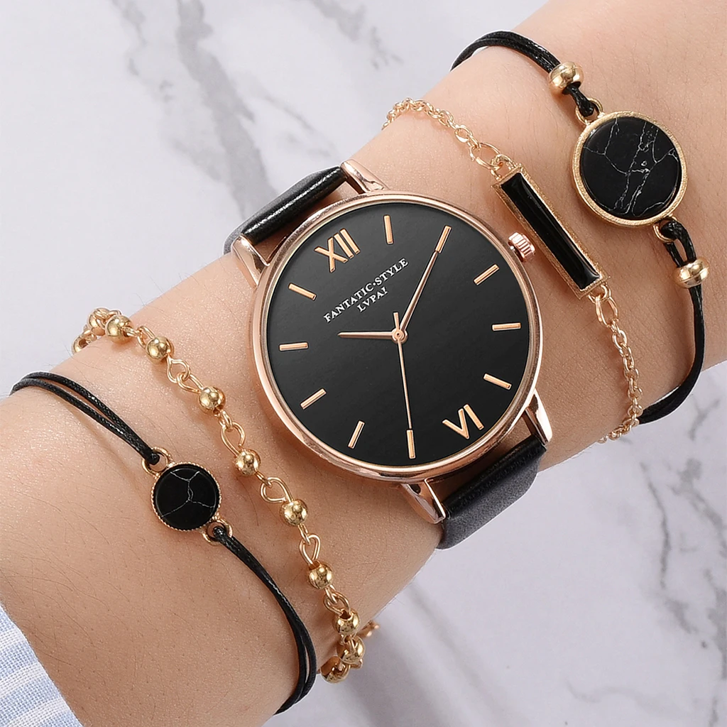 Reloj de pulsera de cuarzo analógico para mujer, con correa de cuero, negro, 5 uds., femenino