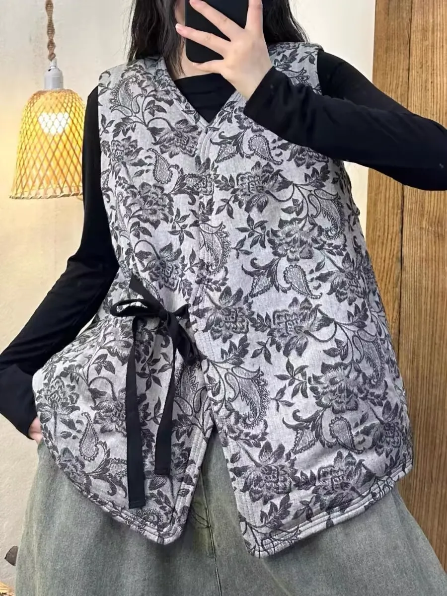 New Chinese Style National Trend Cotton Linen Embroidered Women's Thickened Winter Vest Coat Side Buttoned Zen Spirit