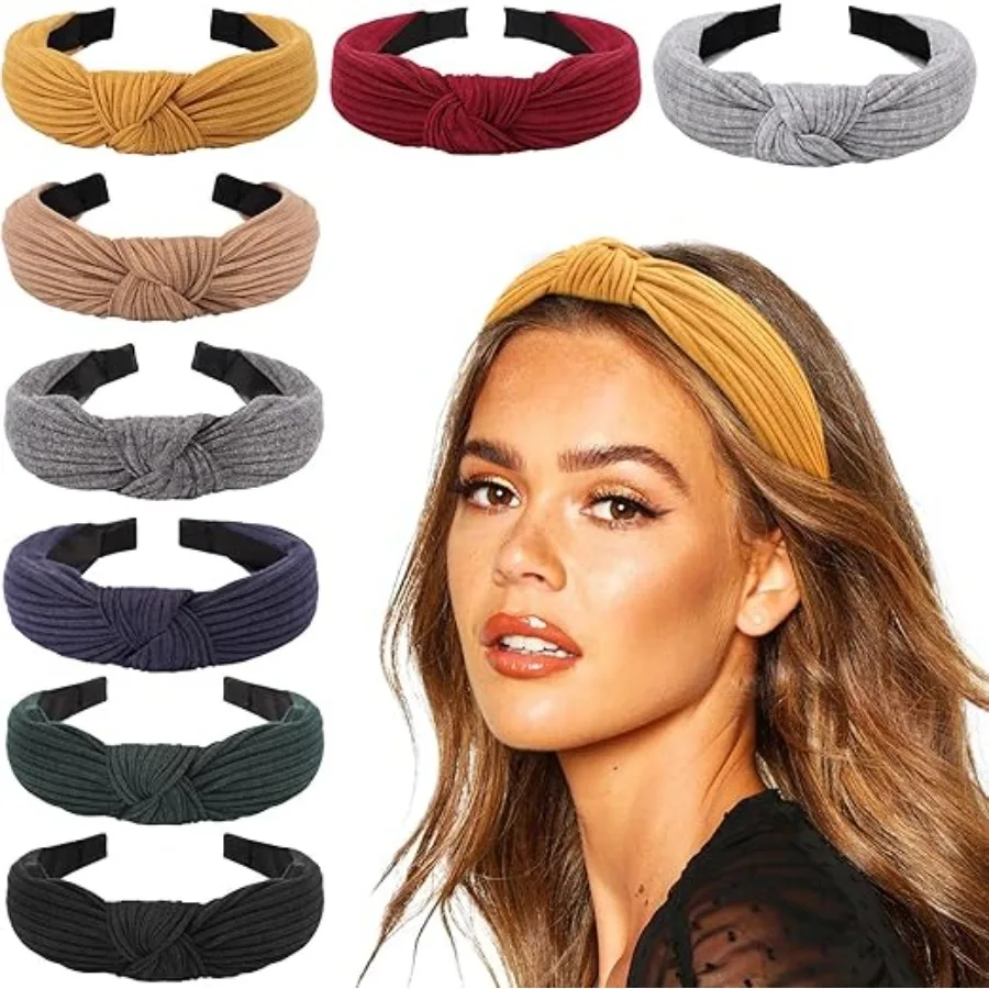 8 Pack Knotted Headbands for Women Wide Turban Headband Yoga Exercise Ribbing Hair Hoop Hair Bands Accessories, 8 Pack Ribbing a