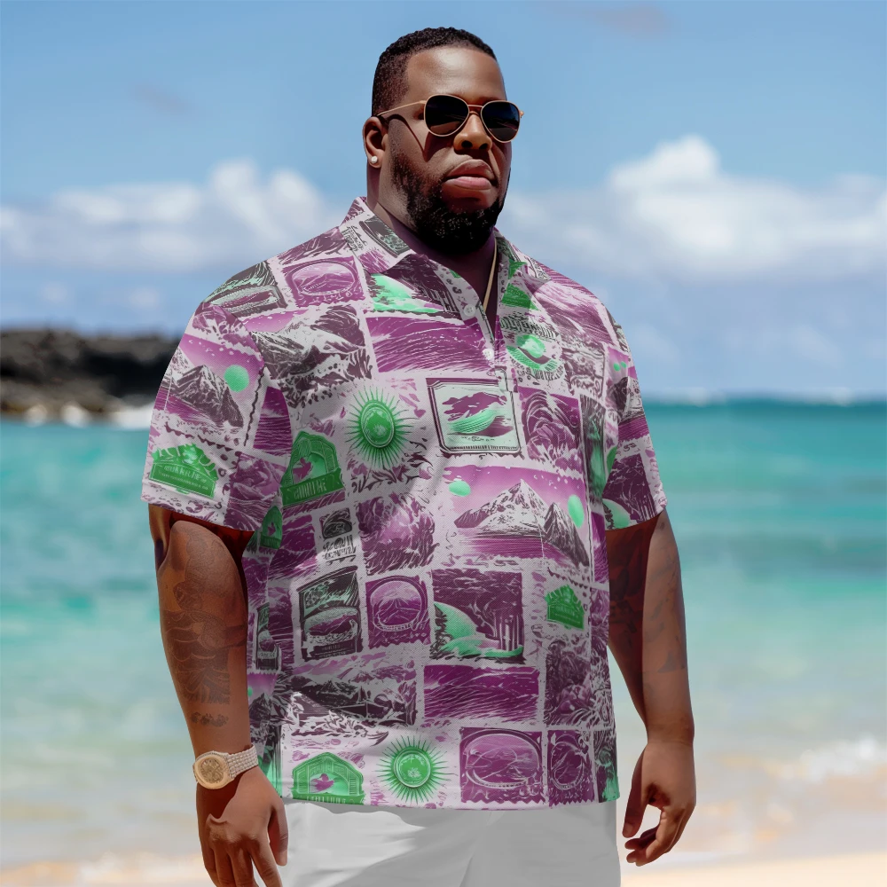 

1 men's plus size polo shirt with summer purple personalized checkered print casual lapel button suitable for shopping and golf