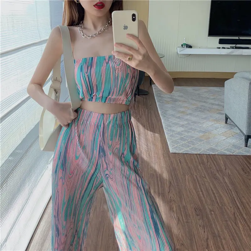 Two Piece Suit Summer Set Bandeau Top And Trousers Women'S Personalized Fashion Tie-Dye Vest With Chest Spread And Wide Leg