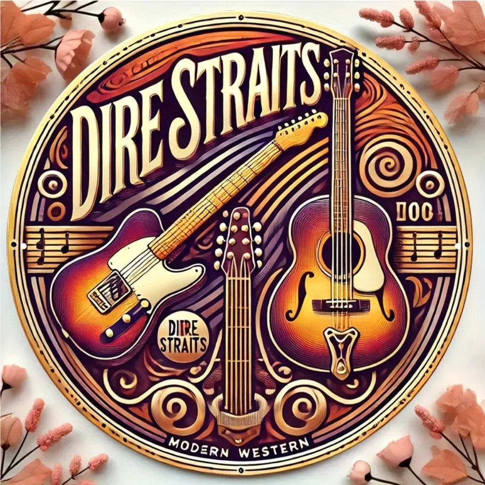 2D Flat, Vintage Dire Straits Band  Guitar Decor Sign - Retro Country Music Theme with Vibrant Guitar Art for Bars,