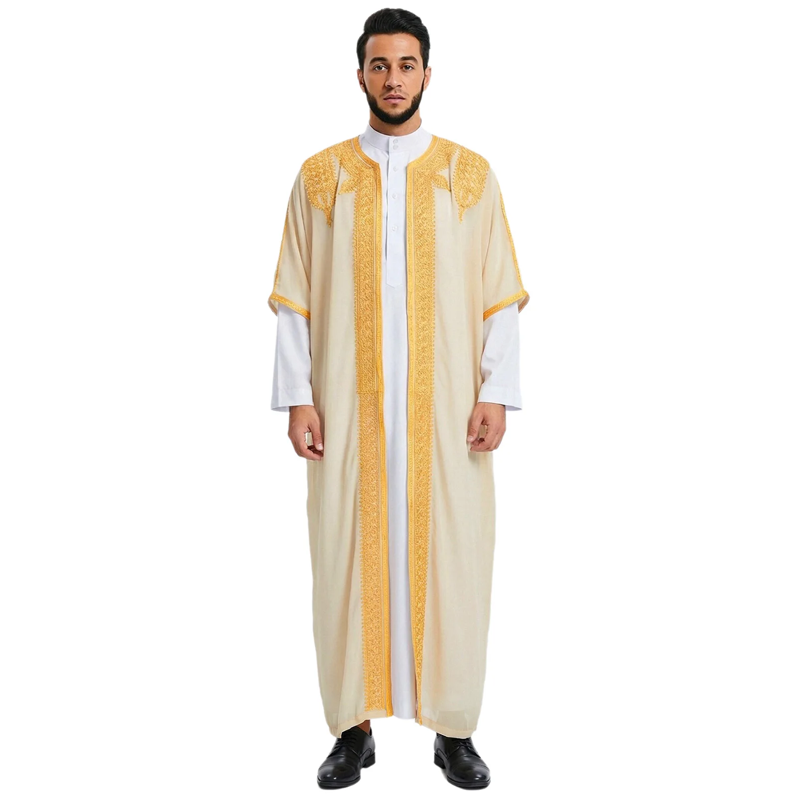 

Mens Middle-eastern Arab Embroidered Robe Exquisite Gold Trim Short Sleeve Open Front Thobe Robe Exotic Style Cardigan Jacket