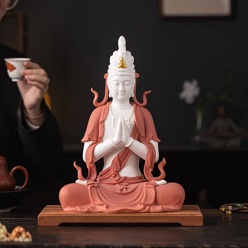 Lotus-Shaped Guanyin Bodhisattva Statue For Worship, Zen-Inspired Home And Office Decoration, Chinese-Style Ceramic Ornament