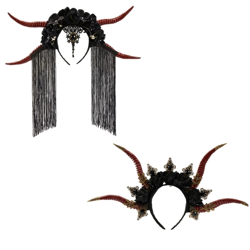 

AntelopeHorn Headband for Adult Cosplay Costume Devil Horn Flower Hairhoop Halloween Party Tiaras Fringed Hairpieces