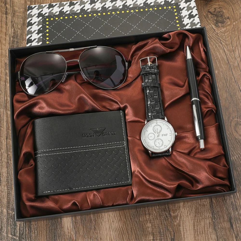 New 4pcs/set Mens Gift Box Set Quartz Watch Men Fashion Casual Leather Wallet Sunglasses Ballpoint Pen Birthday Gift Set for Men