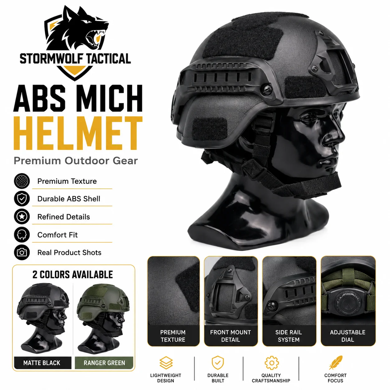 MICH Style ABS Tactical Bump Helmet Full Ear Coverage Adjustable Suspension Side Rail for Airsoft Outdoor Training