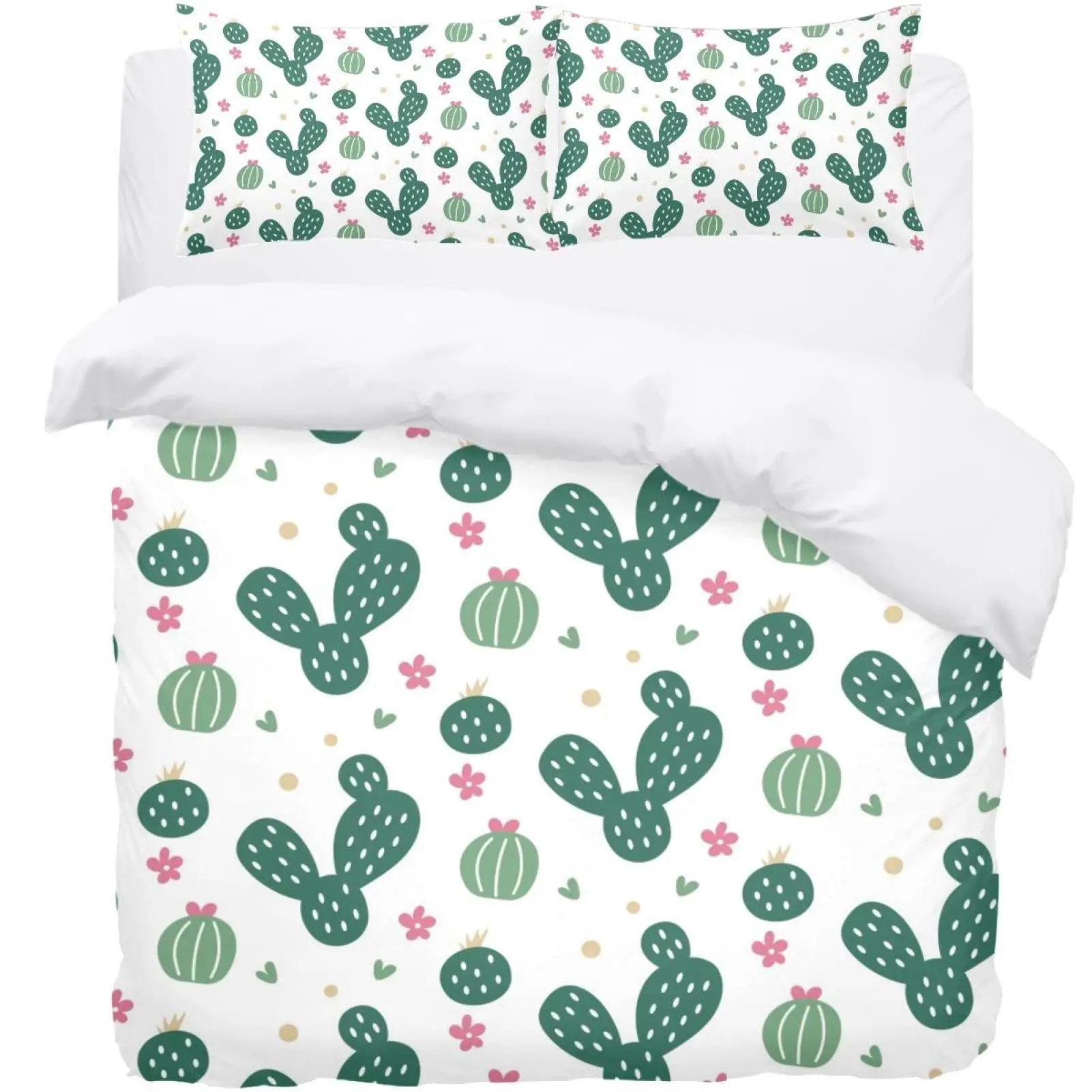 Cactus Duvet Cover Set,Geometric Triangle Pattern Bedding Set 3pcs for Kids Room,Green Desert Plant Nature Vivid Quilt Cover