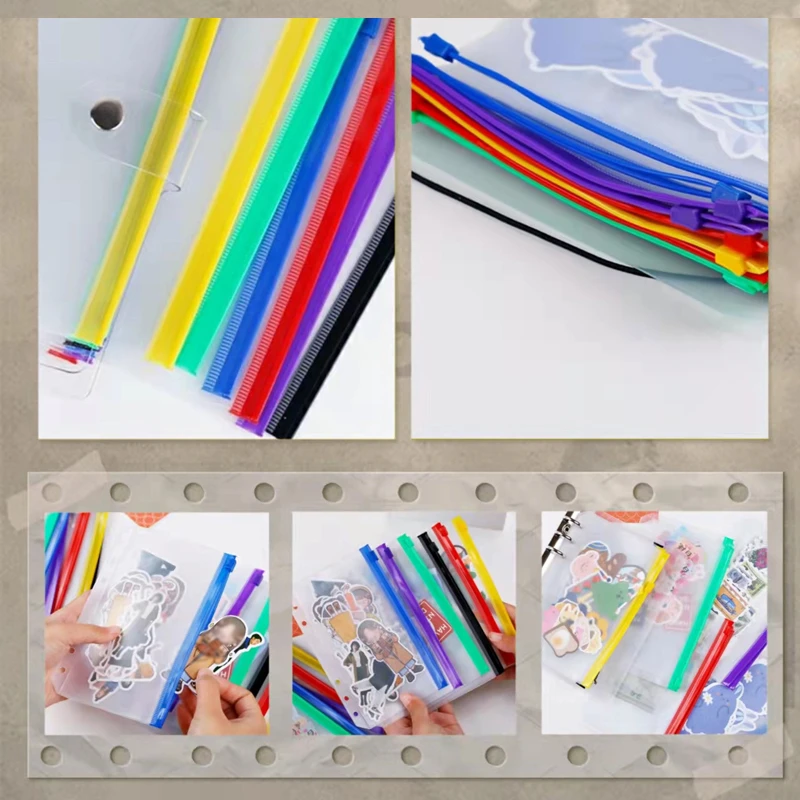 Bolsas transparentes de PVC con 6 agujeros, bolsa colorida con cremallera, accesorio para cuaderno, tarjetero, organizador diario, Passpor, A5, A6, 6 uds.