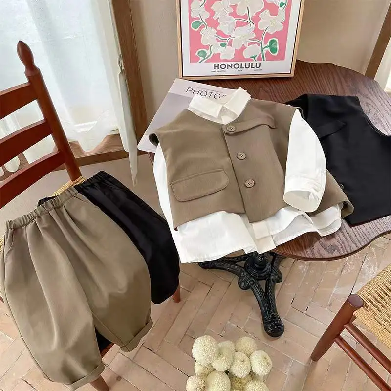 Conjunto de ropa de tres piezas para niños, camisa informal, chaleco y pantalones, primavera y otoño, novedad de 2023