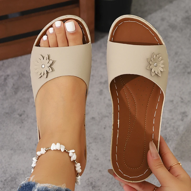 Leichte Keilabsatz-Slipper für Damen, Sommer-Sandalen mit Blumendekor und dicker Sohle, Übergrößen 36-43, Plateau-Strand-Flip-Flops – Detail 22