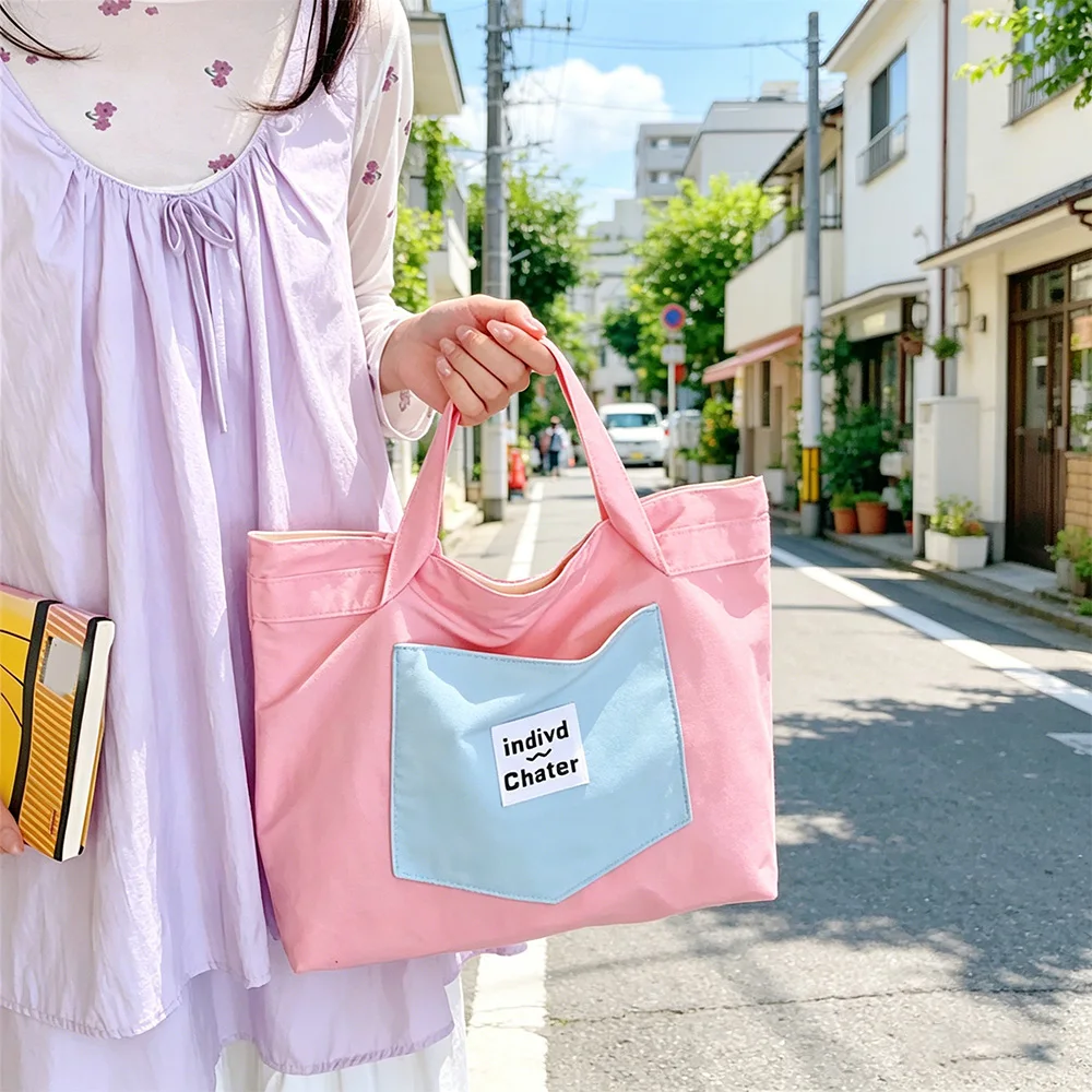 

Korean Style Color Block Canvas Tote Bag for Women, Casual Shoulder Bag for Students & Daily Outings