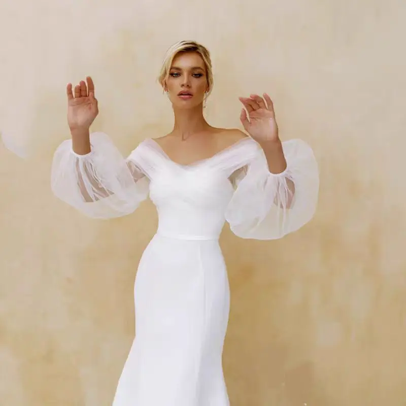 Robe de Mariée Longue en Satin Élégante pour Femme, Longueur au Sol, Sirène, Bouton au Dos, Traîne de Balayage, Patients, Peu importe, Manches sulf